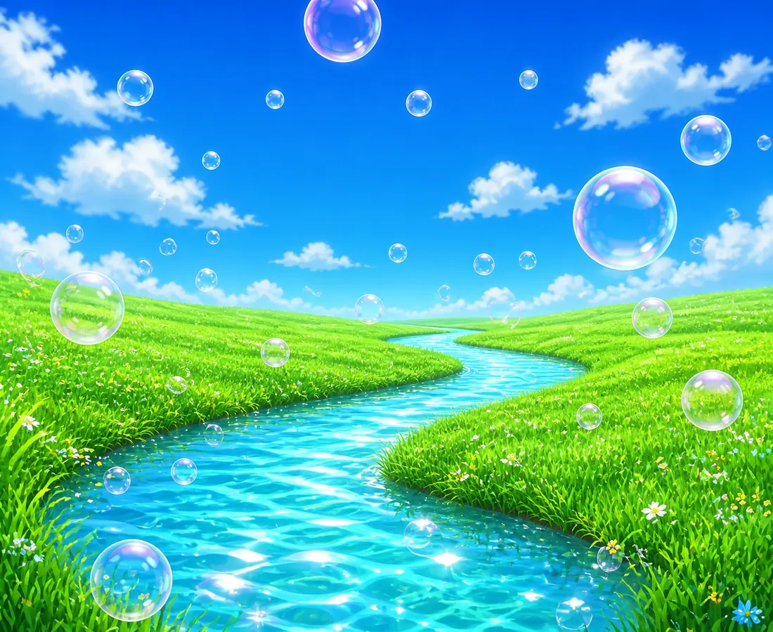 a green field with a stream